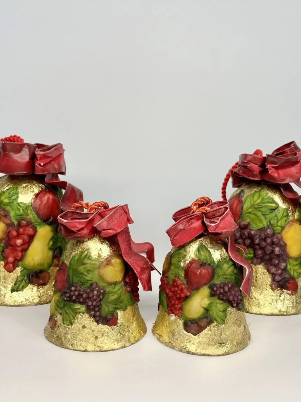 Dept 56 Gold Foil Bells RaisedFruit Design OrnamentWired Ribbon HTF Set Of 4
